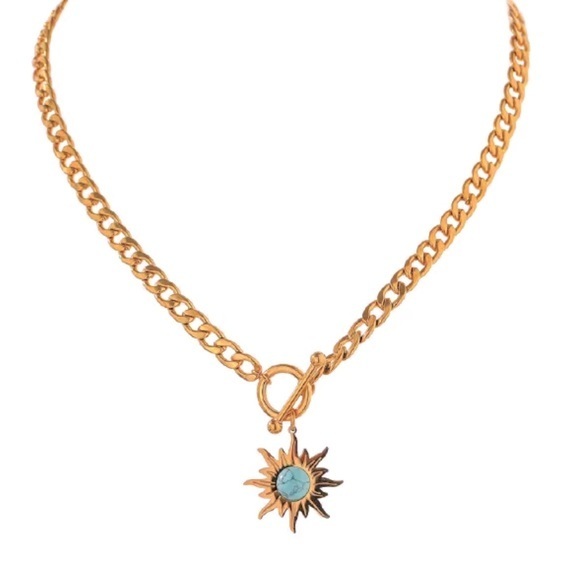 18K Gold Plated Natural Turquoise Stone Choker Necklace - Picture 6 of 12